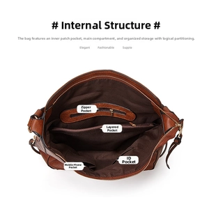 Internal view of brown tote bag showing zipper pockets and phone compartment