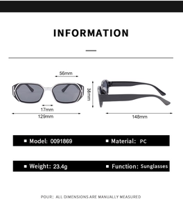 Detailed dimensions of retro square sunglasses featuring PC frame and grey lenses