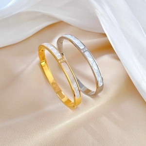 Minimalist Stainless Steel Bangle For Women With White Shell Inlay And Zircons Elegant Retro Hinged Jewelry Gift