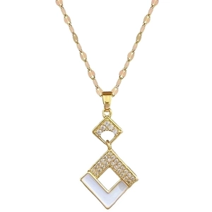 Gold titanium steel necklace featuring geometric square pendant with white cubic zirconia inlay