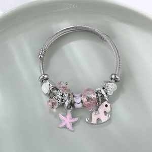 Women DIY Beaded Stainless Steel Bracelet With Pink Rocking Horse Starfish Charms Rhinestone Heart Pendant Fashion Jewelry