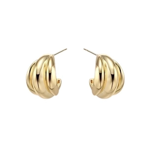 Minimalist gold C-shaped triple-row hoop earrings with vintage spiral texture