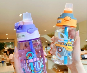 Dual cartoon plastic straw cups with safety lock and press-to-open lid for kids