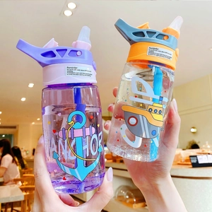Cartoon plastic straw water bottles for kids with portable handles in purple and orange