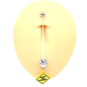 Flexible belly button ring for pregnancy with yellow Baby on Board charm and zircon
