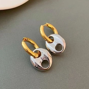 Two-tone 18K gold plated brass pig nose earrings with polished silver anchor link detail