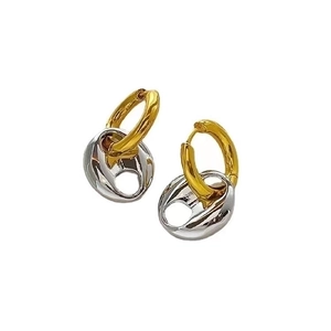 Two-tone brass earrings with 18K gold plated hoop and silver hollow oval drop pendant