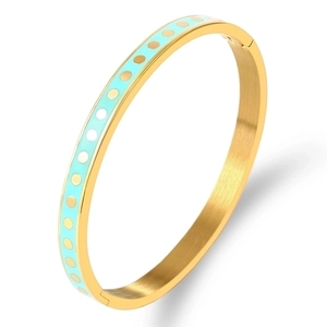 Gold-plated stainless steel bangle with sky blue enamel and golden polka dot patterns