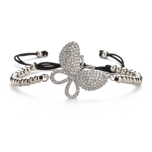 Adjustable silver butterfly bracelet with micro-pave cubic zirconia on black cord