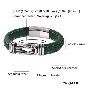 Size guide for green leather bracelet with magnetic buckle and stainless steel details
