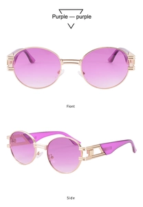Détails de lunettes de soleil ovales dorées avec verres dégradés violets et branches