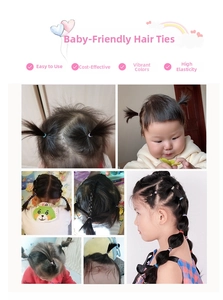 Élastiques à cheveux colorés pour enfants montrant diverses coiffures en détail