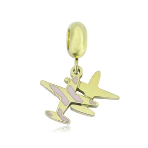 Detailed view of 18k gold stainless steel airplane charms with pink enamel for jewelry DIY