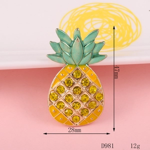 Detailed view of yellow crystal pineapple brooch showing 47mm height and 28mm width