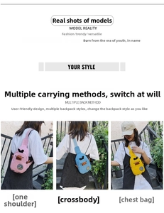Detailed views of cartoon duck canvas chest bag showing crossbody and shoulder carry styles