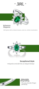 Detailed view of emerald green flower ring with silver adjustable band and crystal halo