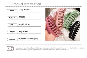 Detail specifications of 11cm matte hair claw clips in pink, green and black colors