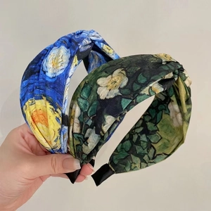 Retro cross-knot headbands featuring Van Gogh Starry Night and floral oil painting prints