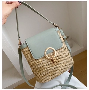 Morandi green and straw woven shoulder bag with golden ring buckle for beach vacation