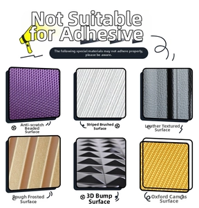 Guide showing unsuitable surfaces for stickers like textured leather and rough fabric