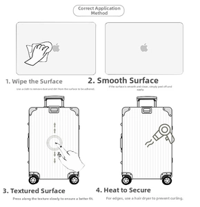 Step-by-step guide showing how to apply waterproof stickers to laptops and suitcases