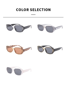 Detailed color selection of square sunglasses showing thick temples and metal hinges