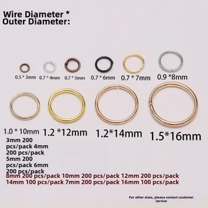 Size guide for DIY jewelry jump rings ranging from 3mm to 16mm in various metal finishes