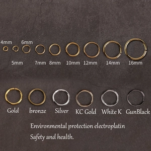 Macro display of assorted jewelry jump rings in six electroplated colors and nine sizes