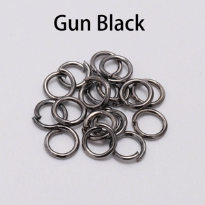 Detailed close-up of gun black jump ring connectors for DIY jewelry making and assembly