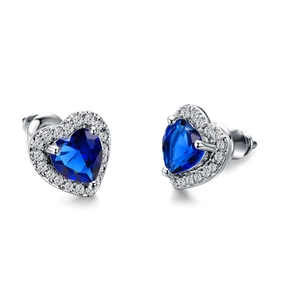 Elegant heart-shaped blue zircon halo stud earrings in silver minimalist setting