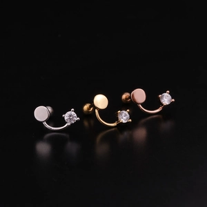 Detailed view of curved bar ear studs in silver, gold, and rose gold with round zircons