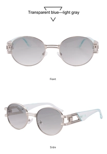 Détail de lunettes de soleil ovales en métal avec branches bleues et verres gris