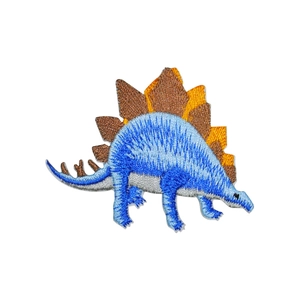 Blue stegosaurus dinosaur embroidered patch for clothing with dense stitching detail