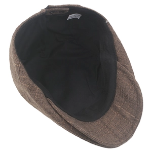 Brown vintage linen flat cap with classic textured pattern and adjustable side buckle