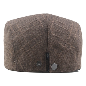 Vintage brown cotton linen flat cap with plaid texture and adjustable buckle