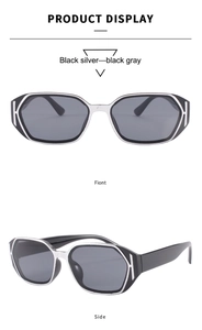 Detailed views of square sunglasses with black silver frame and gray lenses from two angles