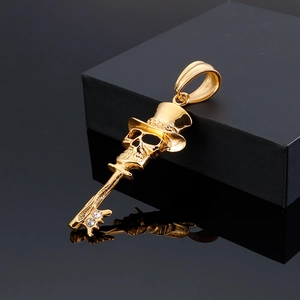 Gothic gold stainless steel skull key pendant necklace with clear rhinestone accents