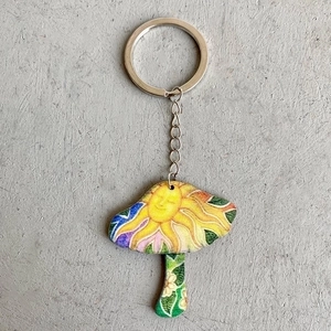Colorful mushroom keychain with sun face embroidery and silver metal ring