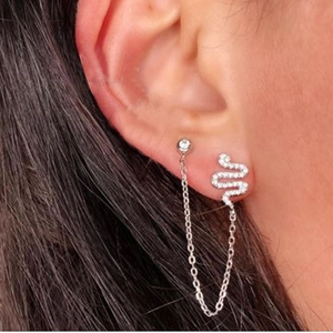 Macro shot of silver snake earrings with zircons and chain link on a person's ear