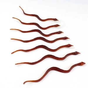 Detailed view of seven realistic brown plastic toy snakes in an S-shaped pattern