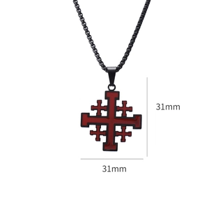 Detail view of red Jerusalem cross pendant with 31mm x 31mm dimensions and black chain