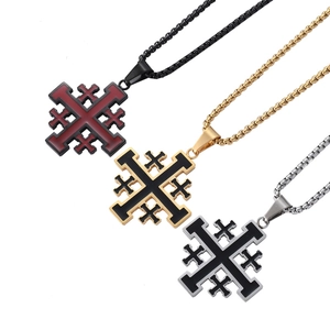 Three Jerusalem cross necklaces in red-black, gold-black, and silver-black stainless steel