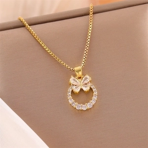 Butterfly Pendant Necklace Stainless Steel Box Chain Copper Micro Pave Zircon Round Charm Korean Style Jewelry For Women