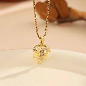 18K gold plated heart angel wing necklace with cubic zirconia on a stainless steel box chain