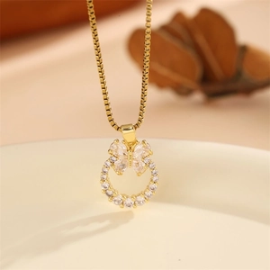 Gold butterfly necklace with cubic zirconia circle pendant on elegant box chain for women