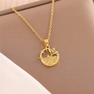 Dolphin Tail Round Pendant Necklace Stainless Steel With Zircon Stars Wave Gold Plated Jewelry Gift For Women