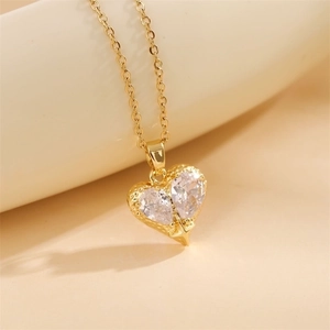 Heart Pendant Necklace Gold Plated Stainless Steel Chain Copper Inlaid Zircon Simple Fashion For Women