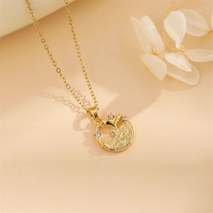Golden dolphin tail circle pendant necklace with zircon waves on minimalist background