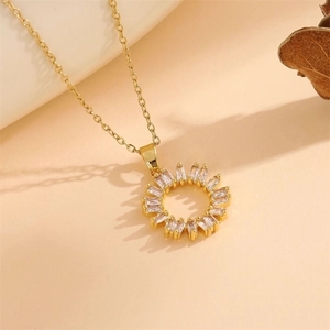 Elegant gold titanium steel necklace featuring a sparkling zircon circle sunflower pendant
