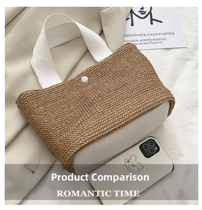 Detailed macro view of woven paper straw and white PU leather mini handbag with top handle